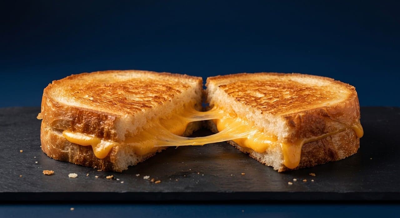 A toasted cheese sandwich cut in half, the cheese melting