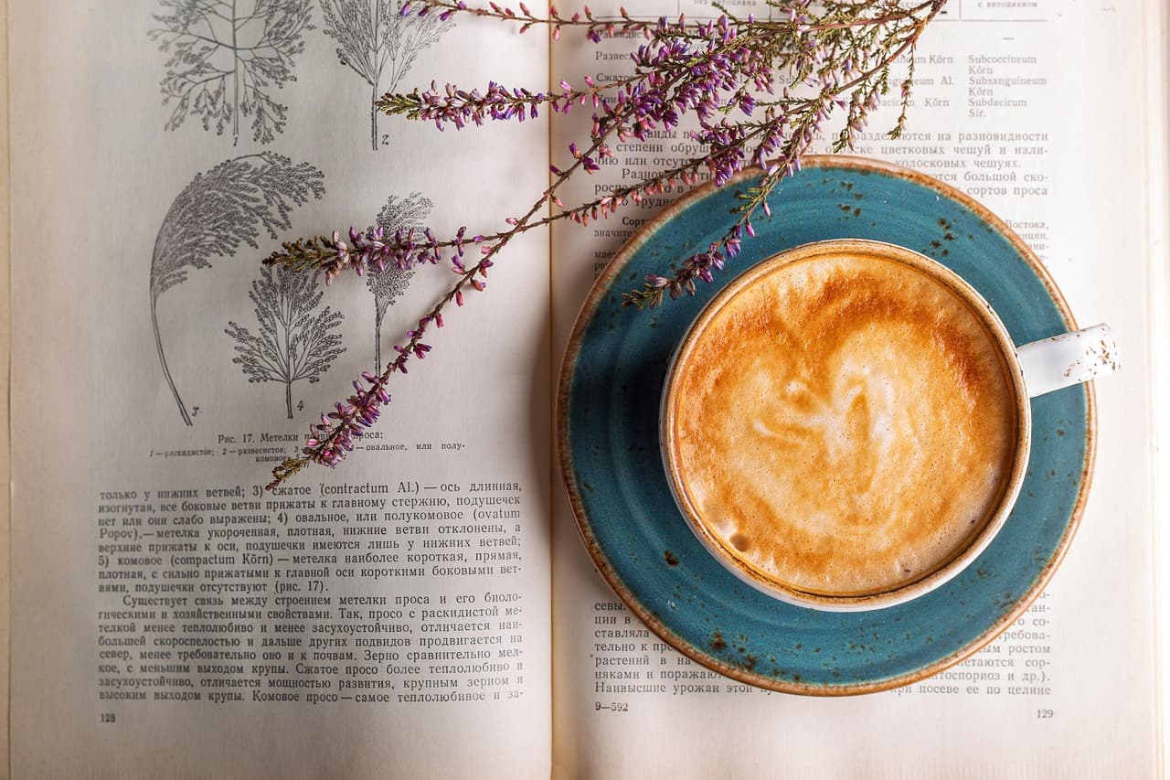 A latte on the pages of an open book